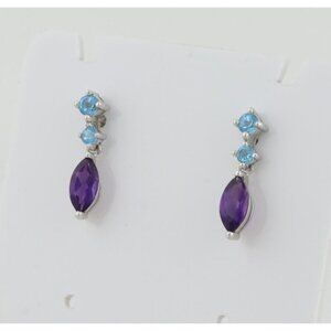 10k White Gold Natural Amethyst and Blue Topaz Earrings Dangle Drop 5/8" x 1/8"